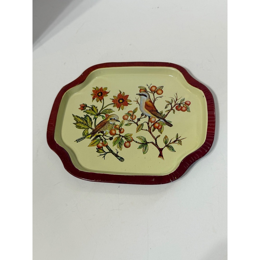 Vintage Metal Bird Vanity Tray Scalloped Burgundy Red Rectangular Tin Trinket